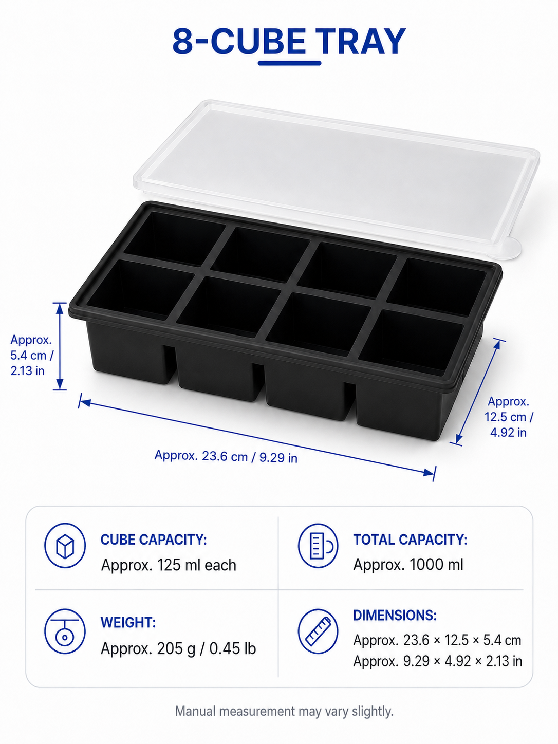 Large Square Silicone Ice Cube Tray with Lid – 4 / 6 / 8 Cube Options