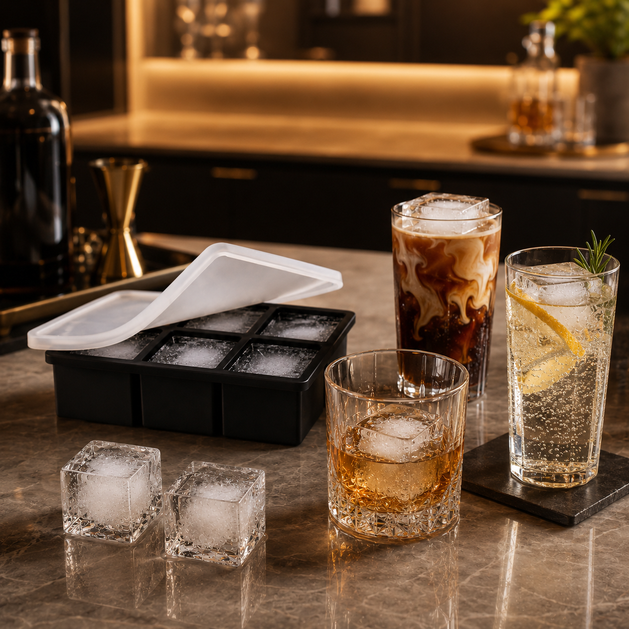 Large Square Silicone Ice Cube Tray with Lid – 4 / 6 / 8 Cube Options