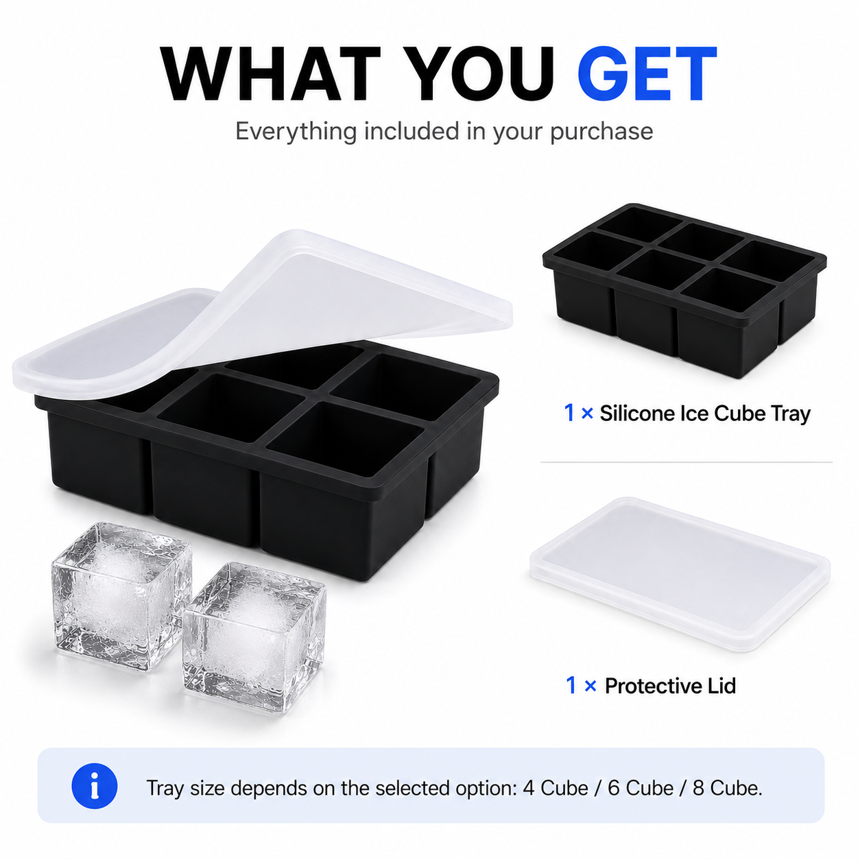 Large Square Silicone Ice Cube Tray with Lid – 4 / 6 / 8 Cube Options