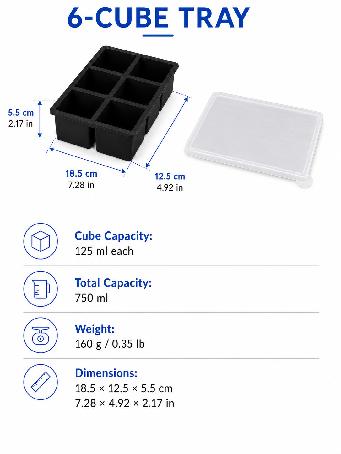 Large Square Silicone Ice Cube Tray with Lid – 4 / 6 / 8 Cube Options
