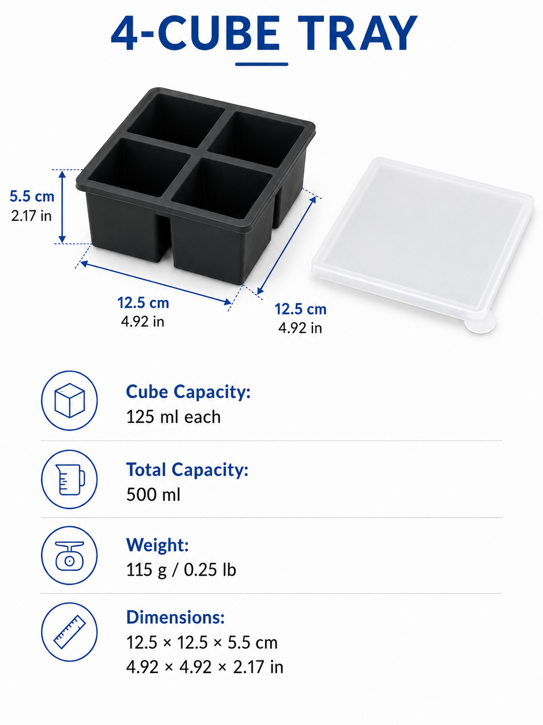 Large Square Silicone Ice Cube Tray with Lid – 4 / 6 / 8 Cube Options