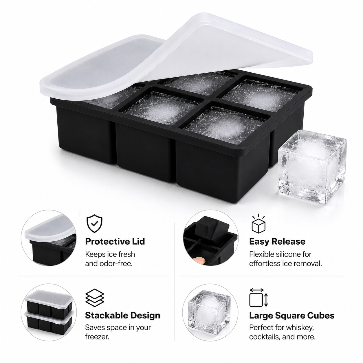 Large Square Silicone Ice Cube Tray with Lid – 4 / 6 / 8 Cube Options