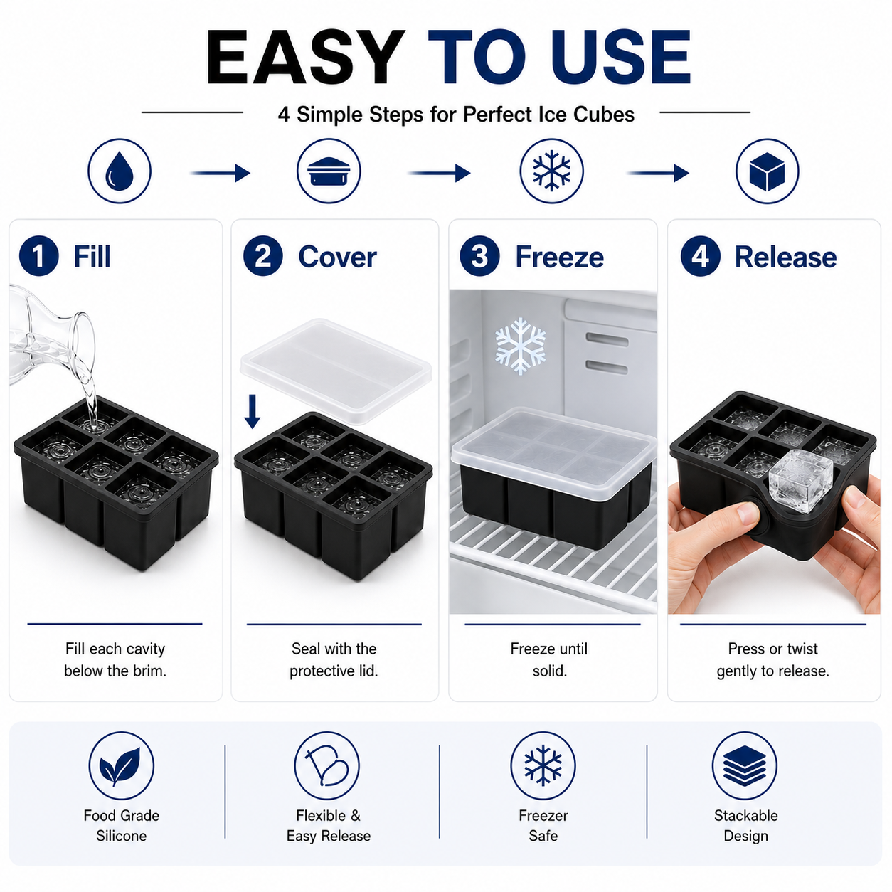 Large Square Silicone Ice Cube Tray with Lid – 4 / 6 / 8 Cube Options